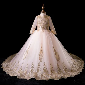 Vintage Originale Doré Robe Ceremonie Fille 2019 Robe Boule Col Haut Manches Longues Glitter Perlage Tribunal Train Volants Robe Pour Mariage