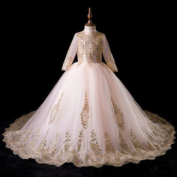 Vintage Originale Dore Robe Ceremonie Fille 2019 Robe Boule Col Haut Manches Longues