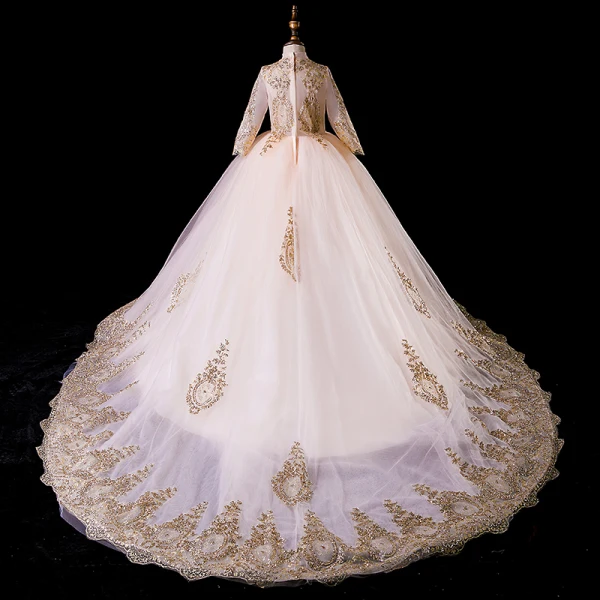 Vintage / Retro Gold Flower Girl Dresses 2019 Ball Gown High Neck Long Sleeve Glitter Beading Court Train Ruffle Wedding Party Dresses
