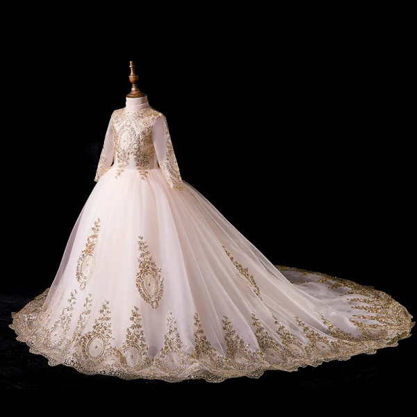 Vintage / Retro Gold Flower Girl Dresses 2019 Ball Gown High Neck Long Sleeve Glitter Beading Court Train Ruffle Wedding Party Dresses