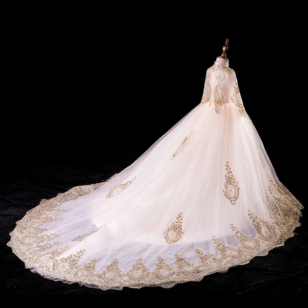 Vintage / Retro Gold Flower Girl Dresses 2019 Ball Gown High Neck Long Sleeve Glitter Beading Court Train Ruffle Wedding Party Dresses