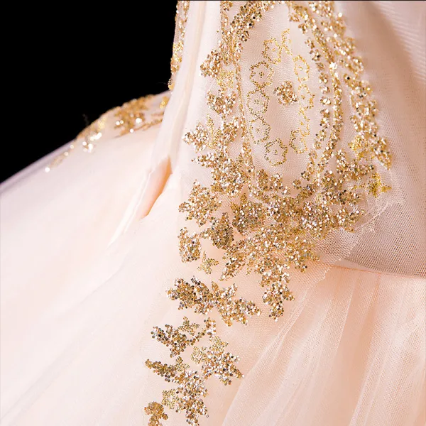 Vintage / Retro Gold Flower Girl Dresses 2019 Ball Gown High Neck Long Sleeve Glitter Beading Court Train Ruffle Wedding Party Dresses