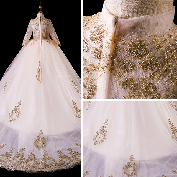 Vintage / Retro Gold Flower Girl Dresses 2019 Ball Gown High Neck Long Sleeve Glitter Beading Court Train Ruffle Wedding Party Dresses