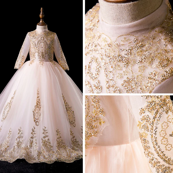 Vintage / Retro Gold Flower Girl Dresses 2019 Ball Gown High Neck Long Sleeve Glitter Beading Court Train Ruffle Wedding Party Dresses
