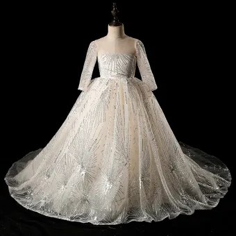 Scintillantes Ivoire Transparentes Robe Ceremonie Fille 2019 Robe Boule Encolure Dégagée Manches Longues Glitter Paillettes Chapel Train Volants Dos Nu Robe Pour Mariage