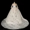 Sparkly Ivory See-through Flower Girl Dresses 2019 Ball Gown Scoop Neck Long Sleeve Glitter Sequins Chapel Train Ruffle Backless Wedding Party Dresses