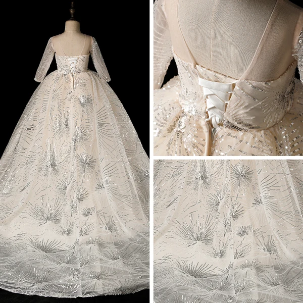 Sparkly Ivory See-through Flower Girl Dresses 2019 Ball Gown Scoop Neck Long Sleeve Glitter Sequins Chapel Train Ruffle Backless Wedding Party Dresses