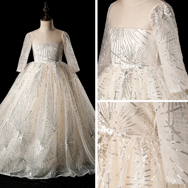 Sparkly Ivory See-through Flower Girl Dresses 2019 Ball Gown Scoop Neck Long Sleeve Glitter Sequins Chapel Train Ruffle Backless Wedding Party Dresses