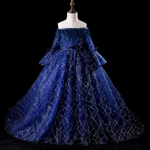 Élégant Bleu Roi Robe Ceremonie Fille 2019 Robe Boule De L 039 Épaule Gonflée Manches Longues Ceinture Glitter Paillettes Plumes Chapel Train Volants Dos Nu Robe Pour Mariage