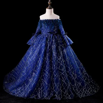 Élégant Bleu Roi Robe Ceremonie Fille 2019 Robe Boule De L 039 Épaule Gonflée Manches Longues Ceinture Glitter Paillettes Plumes Chapel Train Volants Dos Nu Robe Pour Mariage