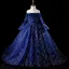 Élégant Bleu Roi Robe Ceremonie Fille 2019 Robe Boule De l'épaule Gonflée Manches Longues Ceinture Glitter Paillettes Plumes Chapel Train Volants Dos Nu Robe Pour Mariage