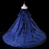 Elegant Royal Blue Flower Girl Dresses 2019 Ball Gown Off-The-Shoulder Puffy Long Sleeve Sash Glitter Sequins Feather Chapel Train Ruffle Backless Wedding Party Dresses