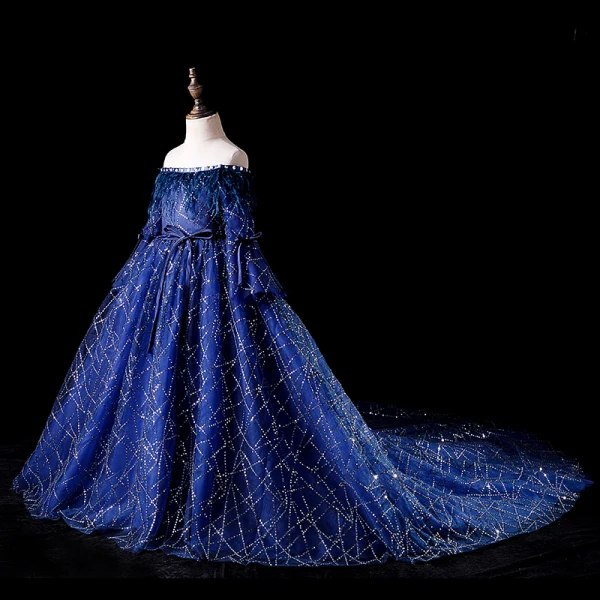 Élégant Bleu Roi Robe Ceremonie Fille 2019 Robe Boule De l'épaule Gonflée Manches Longues Ceinture Glitter Paillettes Plumes Chapel Train Volants Dos Nu Robe Pour Mariage