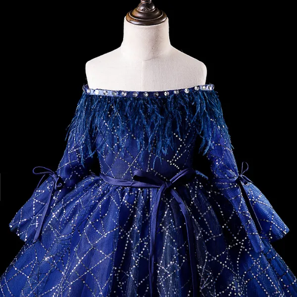 Élégant Bleu Roi Robe Ceremonie Fille 2019 Robe Boule De l'épaule Gonflée Manches Longues Ceinture Glitter Paillettes Plumes Chapel Train Volants Dos Nu Robe Pour Mariage