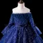 Élégant Bleu Roi Robe Ceremonie Fille 2019 Robe Boule De l'épaule Gonflée Manches Longues Ceinture Glitter Paillettes Plumes Chapel Train Volants Dos Nu Robe Pour Mariage