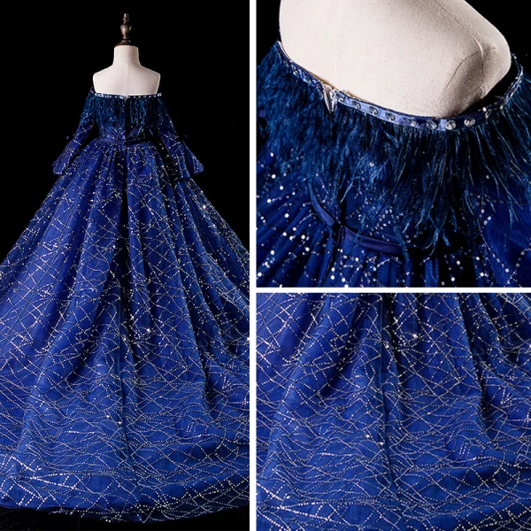 Élégant Bleu Roi Robe Ceremonie Fille 2019 Robe Boule De l'épaule Gonflée Manches Longues Ceinture Glitter Paillettes Plumes Chapel Train Volants Dos Nu Robe Pour Mariage