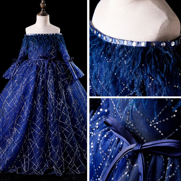 Élégant Bleu Roi Robe Ceremonie Fille 2019 Robe Boule De l'épaule Gonflée Manches Longues Ceinture Glitter Paillettes Plumes Chapel Train Volants Dos Nu Robe Pour Mariage