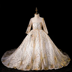 Chic Belle Doré Transparentes Robe Ceremonie Fille 2019 Robe Boule Encolure Dégagée Manches Longues Glitter Paillettes Chapel Train Volants Dos Nu Robe Pour Mariage