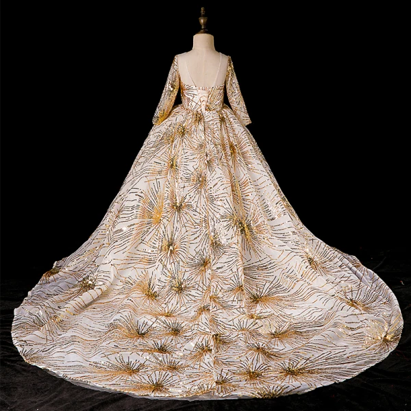 Chic / Beautiful Gold See-through Flower Girl Dresses 2019 Ball Gown Scoop Neck Long Sleeve Glitter Sequins Chapel Train Ruffle Backless Wedding Party Dresses