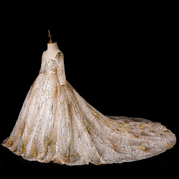 Chic / Beautiful Gold See-through Flower Girl Dresses 2019 Ball Gown Scoop Neck Long Sleeve Glitter Sequins Chapel Train Ruffle Backless Wedding Party Dresses