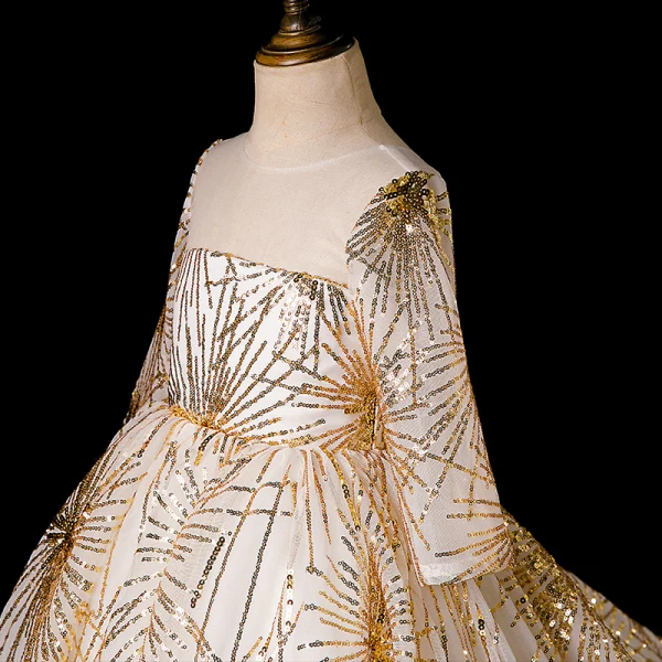 Chic / Beautiful Gold See-through Flower Girl Dresses 2019 Ball Gown Scoop Neck Long Sleeve Glitter Sequins Chapel Train Ruffle Backless Wedding Party Dresses