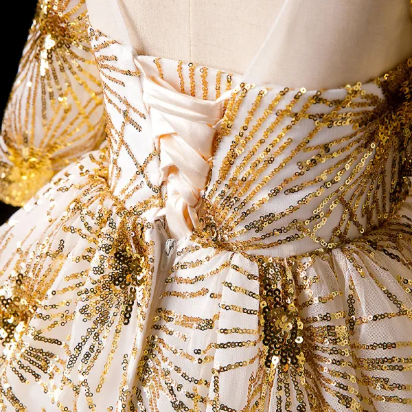 Chic / Beautiful Gold See-through Flower Girl Dresses 2019 Ball Gown Scoop Neck Long Sleeve Glitter Sequins Chapel Train Ruffle Backless Wedding Party Dresses