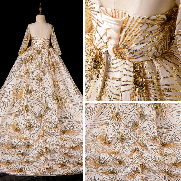Chic / Beautiful Gold See-through Flower Girl Dresses 2019 Ball Gown Scoop Neck Long Sleeve Glitter Sequins Chapel Train Ruffle Backless Wedding Party Dresses