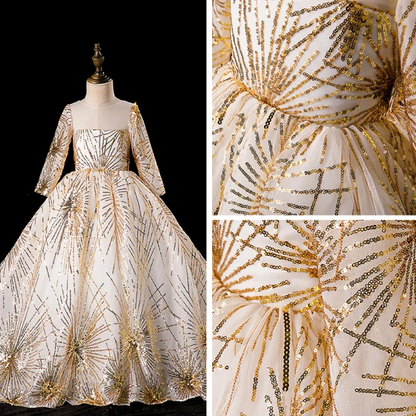 Chic / Beautiful Gold See-through Flower Girl Dresses 2019 Ball Gown Scoop Neck Long Sleeve Glitter Sequins Chapel Train Ruffle Backless Wedding Party Dresses