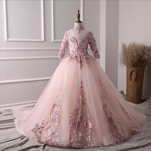 Luxe Parel Roze Bloemenmeisjes Jurken 2019 A Lijn Hoge Kraag 3 4 Mouwen Appliques Kant Parel Rhinestone Rechter Trein Ruche Ruglooze Jurken Voor Bruiloft