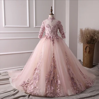 Luxury Gorgeous Pearl Pink Flower Girl Dresses 2019 A Line Princess High Neck 3 4 Sleeve Appliques Lace Pearl Rhinestone Court Train Ruffle Backless Wedding Party Dresses