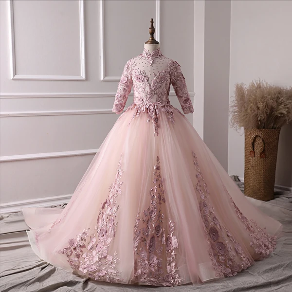 Luxury / Gorgeous Pearl Pink Flower Girl Dresses 2019 A-Line / Princess High Neck 3/4 Sleeve Appliques Lace Pearl Rhinestone Court Train Ruffle Luxury / Gorgeous Pearl Pink Flower Girl Dresses 2019 A-Line / Princess High Neck 3/4 Sleeve Appliques Lace Pearl Rhinestone Court Train Ruffle