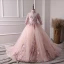 Luxury / Gorgeous Pearl Pink Flower Girl Dresses 2019 A-Line / Princess High Neck 3/4 Sleeve Appliques Lace Pearl Rhinestone Court Train Ruffle Backless Wedding Party Dresses