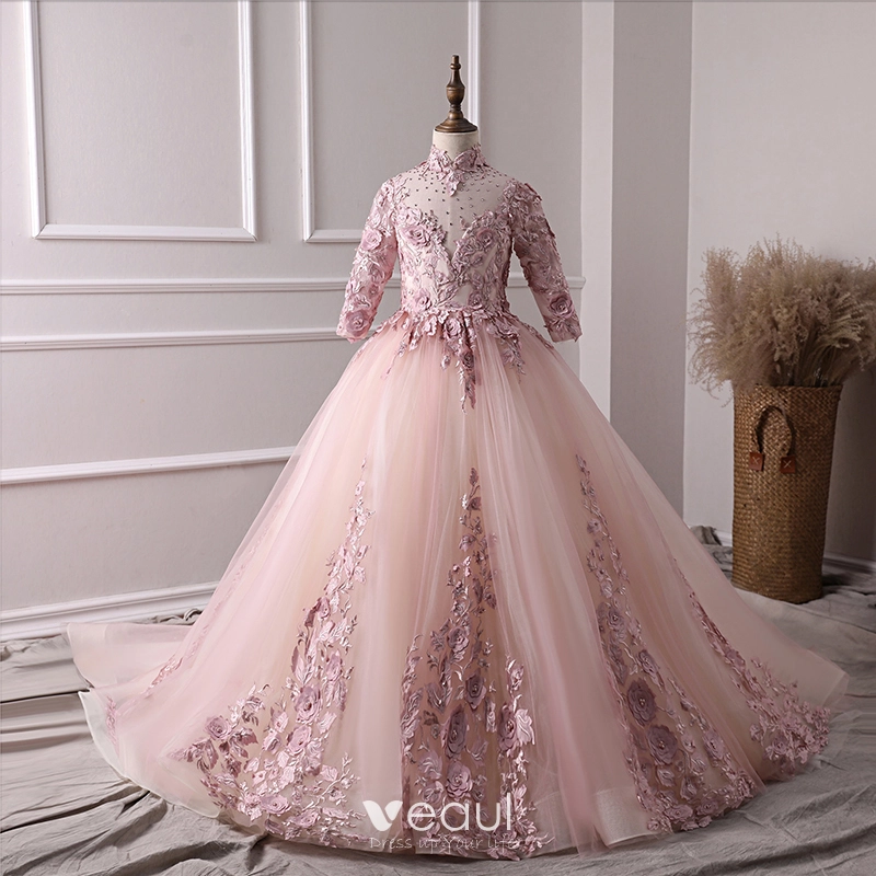 Luxe Perle Rose Robe Ceremonie Fille 2019 Princesse Col Haut 3 4 Manches Appliques En Dentelle Perle Faux Diamant Tribunal Train Volants Dos Nu Robe Pour Mariage