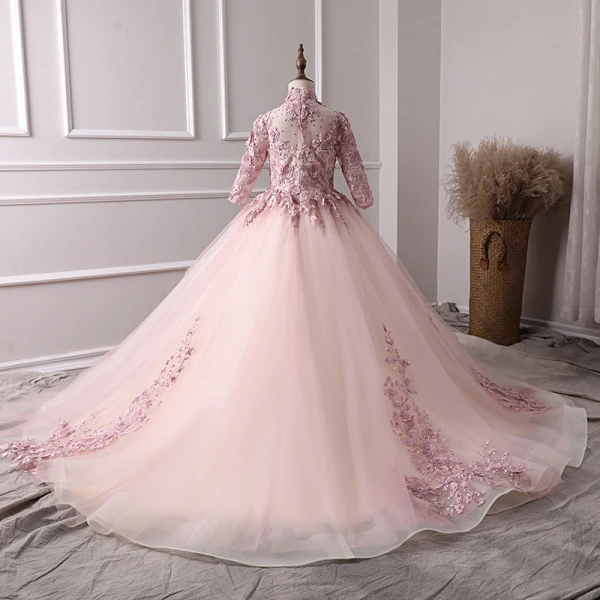 Luxury / Gorgeous Pearl Pink Flower Girl Dresses 2019 A-Line / Princess High Neck 3/4 Sleeve Appliques Lace Pearl Rhinestone Court Train Ruffle Backless Wedding Party Dresses