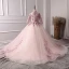 Luxury / Gorgeous Pearl Pink Flower Girl Dresses 2019 A-Line / Princess High Neck 3/4 Sleeve Appliques Lace Pearl Rhinestone Court Train Ruffle Backless Wedding Party Dresses