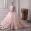 Luxury / Gorgeous Pearl Pink Flower Girl Dresses 2019 A-Line / Princess High Neck 3/4 Sleeve Appliques Lace Pearl Rhinestone Court Train Ruffle Backless Wedding Party Dresses