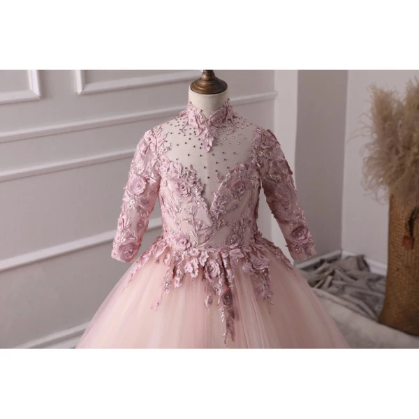 Luxury / Gorgeous Pearl Pink Flower Girl Dresses 2019 A-Line / Princess High Neck 3/4 Sleeve Appliques Lace Pearl Rhinestone Court Train Ruffle Backless Wedding Party Dresses