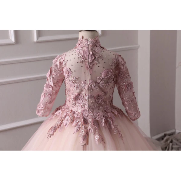 Luxury / Gorgeous Pearl Pink Flower Girl Dresses 2019 A-Line / Princess High Neck 3/4 Sleeve Appliques Lace Pearl Rhinestone Court Train Ruffle Backless Wedding Party Dresses