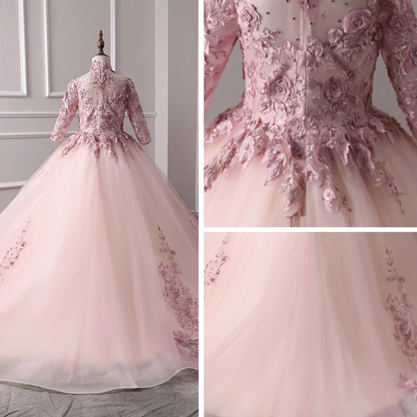 Luxury / Gorgeous Pearl Pink Flower Girl Dresses 2019 A-Line / Princess High Neck 3/4 Sleeve Appliques Lace Pearl Rhinestone Court Train Ruffle Backless Wedding Party Dresses