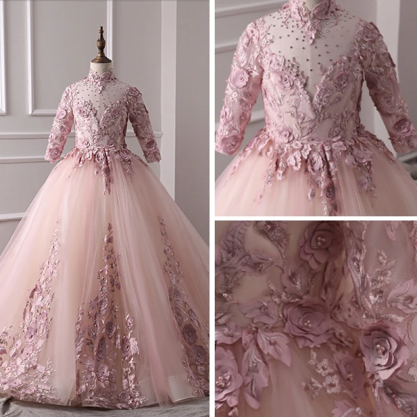 Luxury / Gorgeous Pearl Pink Flower Girl Dresses 2019 A-Line / Princess High Neck 3/4 Sleeve Appliques Lace Pearl Rhinestone Court Train Ruffle Backless Wedding Party Dresses