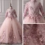 Luxury / Gorgeous Pearl Pink Flower Girl Dresses 2019 A-Line / Princess High Neck 3/4 Sleeve Appliques Lace Pearl Rhinestone Court Train Ruffle Backless Wedding Party Dresses