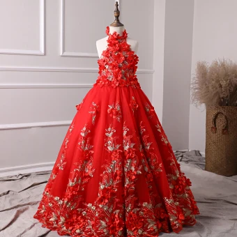 Chic Belle Rouge Robe Ceremonie Fille 2019 Princesse Titulaire Sans Manches Appliques Fleur Perle Longue Volants Dos Nu Robe Pour Mariage