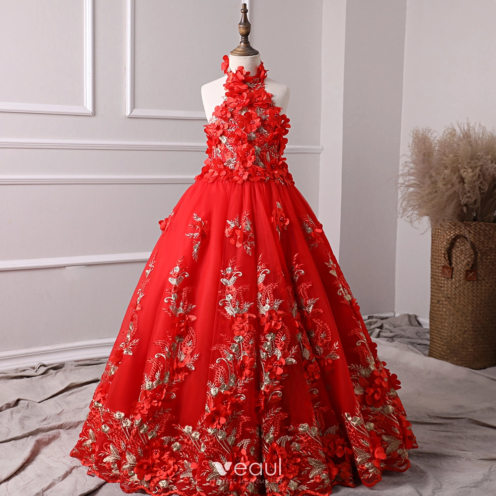 Chic / Beautiful Red Flower Girl Dresses 2019 A-Line / Princess Halter Sleeveless Appliques Flower Pearl Floor-Length / Long Ruffle Backless Wedding