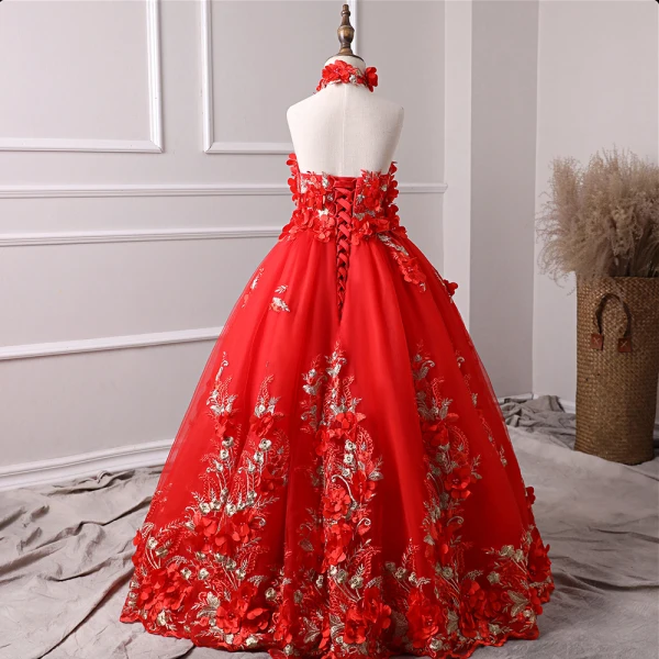Chic / Beautiful Red Flower Girl Dresses 2019 A-Line / Princess Halter Sleeveless Appliques Flower Pearl Floor-Length / Long Ruffle Backless Wedding Party Dresses