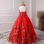 Chic / Beautiful Red Flower Girl Dresses 2019 A-Line / Princess Halter Sleeveless Appliques Flower Pearl Floor-Length / Long Ruffle Backless Wedding Party Dresses