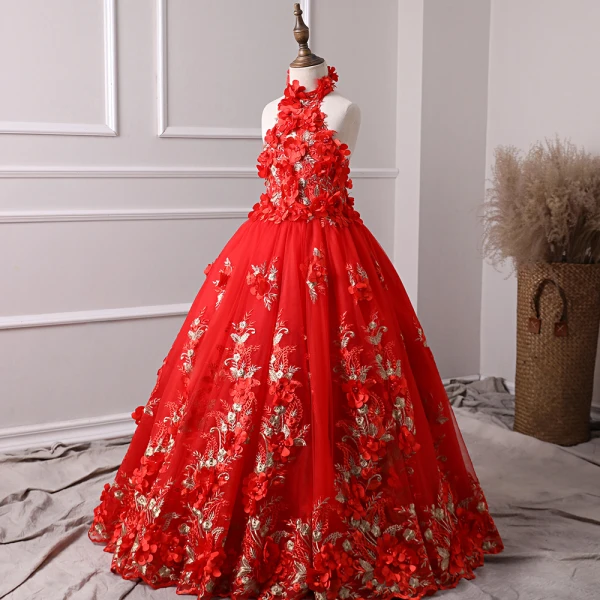 Chic / Beautiful Red Flower Girl Dresses 2019 A-Line / Princess Halter Sleeveless Appliques Flower Pearl Floor-Length / Long Ruffle Backless Wedding Party Dresses