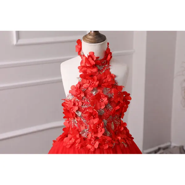 Chic / Beautiful Red Flower Girl Dresses 2019 A-Line / Princess Halter Sleeveless Appliques Flower Pearl Floor-Length / Long Ruffle Backless Wedding Party Dresses