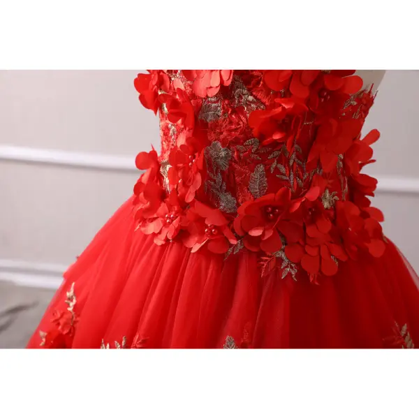 Chic / Beautiful Red Flower Girl Dresses 2019 A-Line / Princess Halter Sleeveless Appliques Flower Pearl Floor-Length / Long Ruffle Backless Wedding Party Dresses