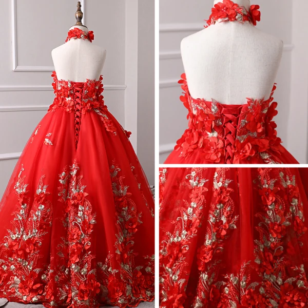 Chic / Beautiful Red Flower Girl Dresses 2019 A-Line / Princess Halter Sleeveless Appliques Flower Pearl Floor-Length / Long Ruffle Backless Wedding Party Dresses