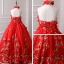 Chic / Beautiful Red Flower Girl Dresses 2019 A-Line / Princess Halter Sleeveless Appliques Flower Pearl Floor-Length / Long Ruffle Backless Wedding Party Dresses